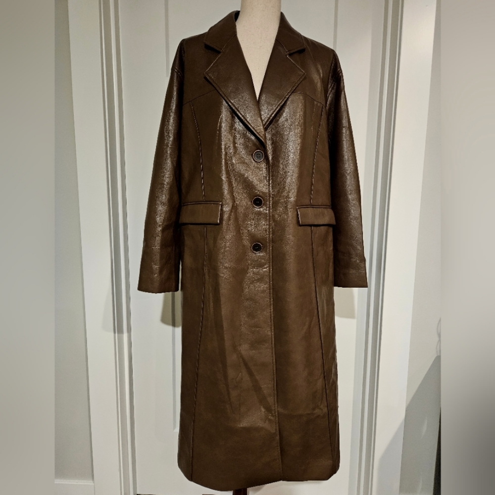 Faux Leather Trench Coat with Pinched Pleats (Chocolate Brown) - DEPT ANONYM